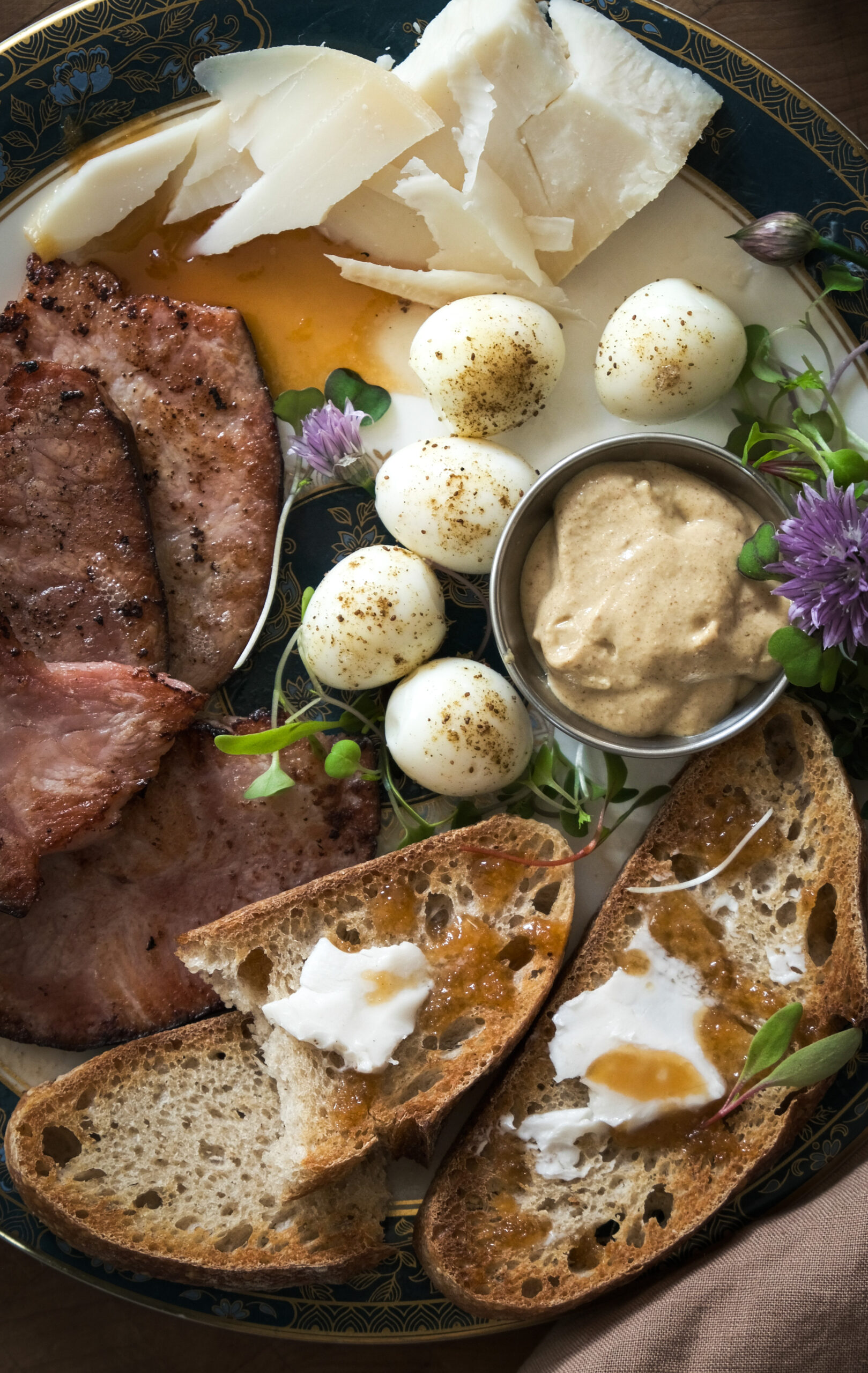 hard boiled quail eggs and ham